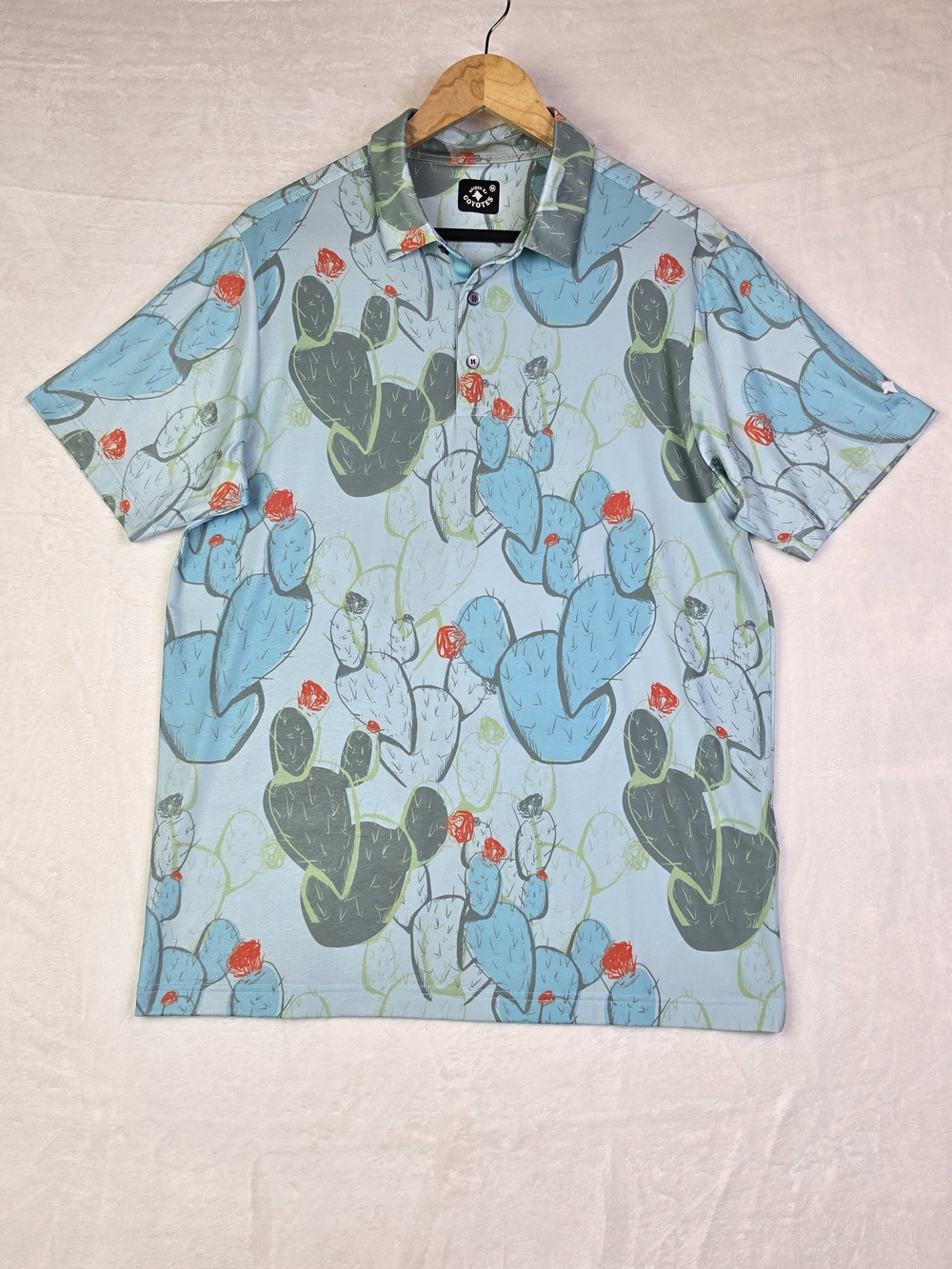 Raised By Coyotes Polo Mens Medium Blue Green Cactus Print Casual Golf